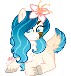 Size: 1024x1094 | Tagged: safe, artist:sugahfox, oc, oc only, oc:oceania, deer pony, original species, flower, flower in hair, prone, simple background, solo, transparent background