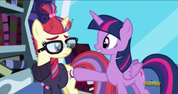 Size: 1909x1014 | Tagged: safe, screencap, moondancer, twilight sparkle, twilight sparkle (alicorn), alicorn, pony, amending fences, book, butt touch, clothes, female, frown, glasses, hoof on butt, mare, smiling, sweater, twilight's canterlot home