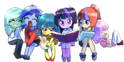 Size: 1600x800 | Tagged: safe, artist:quizia, lemon hearts, lyra heartstrings, minuette, moondancer, twilight sparkle, twinkleshine, amending fences, equestria girls, :i, book, canterlot six, clothes, cute, dancerbetes, dress, equestria girls-ified, erlenmeyer flask, flask, flaskhead hearts, lyrabetes, mary janes, minubetes, pants, pigtails, pleated skirt, ponytail, quizia is trying to murder us, shirt, shoes, shorts, skirt, socks, younger