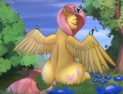 Size: 1600x1216 | Tagged: safe, artist:mercurial64, fluttershy, butterfly, pegasus, pony, both cutie marks, bush, cute, eyes closed, female, flower, flutterbutt, grass, mare, plot, shyabetes, sitting, smiling, solo, spread wings, tree, wings
