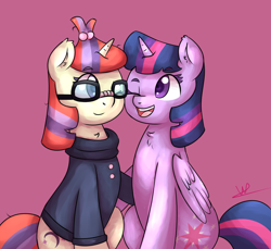 Size: 1200x1100 | Tagged: safe, artist:wolfy-pony, moondancer, twilight sparkle, twilight sparkle (alicorn), alicorn, pony, unicorn, amending fences, duo, female, glasses, lesbian, mare, purple background, shipping, simple background, twidancer