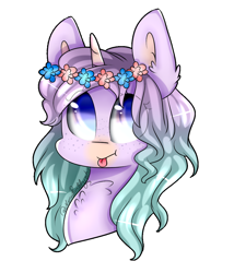 Size: 884x1031 | Tagged: safe, artist:misspastelzinha, oc, oc only, pony, unicorn, bust, chest fluff, ear fluff, female, mare, portrait, simple background, solo, tongue out, two colour hair, white background