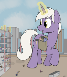 Size: 1513x1725 | Tagged: safe, artist:rapidstrike, oc, oc only, oc:drawbridge, pony, unicorn, bag, blueprint, city, construction site, giant pony, helping, helping hoof, loss (meme), macro, magic, open mouth, raised hoof, solo, street, tools