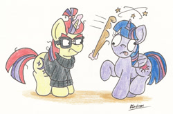 Size: 1887x1242 | Tagged: safe, artist:bobthedalek, moondancer, twilight sparkle, twilight sparkle (alicorn), alicorn, pony, amending fences, alternate ending, bad end, bonk, circling stars, club, dizzy, female, hitting, mare, traditional art, twilybuse