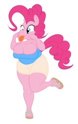 Size: 600x950 | Tagged: safe, artist:calorie, pinkie pie, anthro, plantigrade anthro, big breasts, breasts, chubby, clothes, female, pinkie pies, sandals, shorts, solo, tongue out