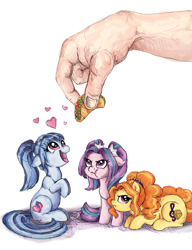 Size: 1000x1300 | Tagged: safe, artist:buttersprinkle, adagio dazzle, aria blaze, sonata dusk, human, pony, adoragio, ariabetes, behaving like a dog, buttersprinkle is trying to murder us, cute, eyes on the prize, feeding, floppy ears, food, grumpy, hand, heart, looking up, micro, ponified, prone, puffy cheeks, size difference, sonatabetes, sonataco, taco, taco tuesday, the dazzlings, tiny, tiny ponies