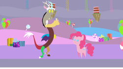 Size: 1280x720 | Tagged: safe, artist:agrol, discord, fluttershy, pinkie pie, earth pony, pegasus, pony, balloon, cake, candy, floating island, food, lollipop, micro, pointy ponies, present