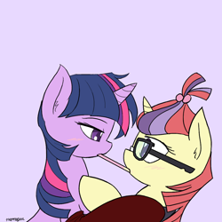 Size: 1000x1000 | Tagged: dead source, safe, artist:thattagen, moondancer, twilight sparkle, amending fences, blushing, female, lesbian, pocky, pocky game, shipping, simple background, twidancer