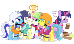 Size: 1180x700 | Tagged: safe, artist:dm29, lemon hearts, minuette, moondancer, twilight sparkle, twinkleshine, amending fences, american football, baseball, baseball bat, helmet, simple background, sports, transparent background, trophy, whistle