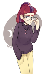 Size: 1267x1843 | Tagged: safe, artist:ask-dreamlight, moondancer, human, amending fences, glasses, humanized, solo