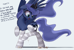 Size: 2500x1703 | Tagged: safe, artist:ncmares, princess luna, alicorn, pony, big-pon, clothes, cute, destruction, dialogue, floppy ears, giant pony, macro, mega luna, micro, open mouth, raised hoof, socks, spread wings, striped socks, thigh highs