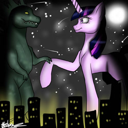 Size: 894x894 | Tagged: safe, artist:luna1159, twilight sparkle, kaiju, pony, city, crossover, giant pony, godzilla, godzilla (series), macro, mega twilight sparkle