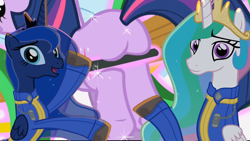 Size: 1280x720 | Tagged: safe, artist:2snacks, edit, edited screencap, screencap, princess celestia, princess luna, twilight sparkle, alicorn, pony, unicorn, winter wrap up, clothes, fallout, plot, two best sisters play, vault suit