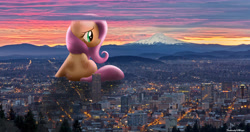 Size: 9000x4747 | Tagged: safe, artist:flutterbatismagic, fluttershy, pony, absurd resolution, city, cityscape, concerned, crossover, giant pony, giantess, highrise ponies, irl, macro, mountain, oregon, photo, ponies in real life, portland, scenery, sunrise, sunset