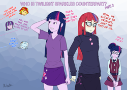 Size: 877x620 | Tagged: safe, artist:kibate, moondancer, sci-twi, starlight glimmer, sunset shimmer, trixie, twilight sparkle, amending fences, equestria girls, friendship games, no second prances, :o, angry, blushing, clothes, counterparts, dialogue, equestria girls-ified, eyes closed, glare, gritted teeth, magical quartet, magical quintet, magical sextet, magical trio, shivering, shy, skirt, twilight's counterparts, wide eyes