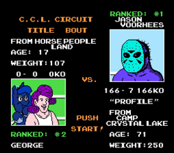Size: 1228x1080 | Tagged: safe, artist:2snacks, derpibooru import, princess luna, rarity, human, crossover, friday the 13th, humanized, jason voorhees, little mac (punch out), parody, pixel art, punch out, two best sisters play