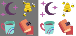 Size: 2000x960 | Tagged: safe, artist:cheezedoodle96, booksmart, honey lemon, moondancer, moondancer's sister, morning roast, bee, .svg available, beehive, book, coffee mug, cup, cutie mark, librarian, moon, simple background, stars, svg, transparent background, vector