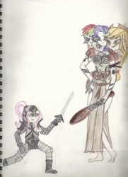 Size: 2480x3424 | Tagged: safe, artist:kaori-sonata, applejack, fluttershy, rainbow dash, rarity, equestria girls, conjoined, fantasy class, fusion, giantess, knight, macro, multiple heads, sword, three heads, warrior, weapon