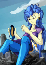 Size: 1307x1859 | Tagged: safe, artist:colonel-gabbo, sapphire shores, equestria girls, breasts, city, clothes, destruction, equestria girls-ified, female, giantess, macro, pants, solo