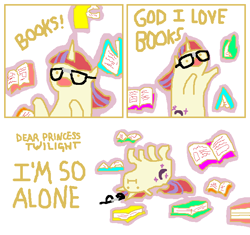 Size: 668x629 | Tagged: safe, edit, moondancer, amending fences, :i, book, full circle, glasses, i'm so alone, lonely, on back, that pony sure does love books