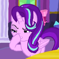 Size: 600x600 | Tagged: artist needed, safe, edit, edited screencap, screencap, starlight glimmer, alicorn, pony, no second prances, 1000 hours in ms paint, alicornified, boop, exploitable meme, glimmerposting, lidded eyes, meme, ms paint, race swap, self-boop, smirk, solo, starlicorn, trace, xk-class end-of-the-world scenario