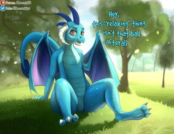 Size: 2433x1883 | Tagged: safe, artist:mercurial64, princess ember, dragon, chillaxing, claws, dialogue, dragoness, featureless crotch, female, grass, horns, looking at you, patreon, patreon logo, sitting, smiling, solo, tree