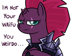 Size: 1280x989 | Tagged: safe, artist:radek1212, fizzlepop berrytwist, tempest shadow, pony, unicorn, my little pony: the movie, angry, armor, broken horn, bust, colored pupils, eye scar, female, i'm not cute, looking at you, scar, scar on the wrong side, simple background, solo, tsundere, tsundere shadow, waifu, white background