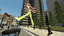 Size: 3020x1698 | Tagged: safe, artist:shrunkenlover, fluttershy, human, equestria girls, 3d, city, clothes, destruction, giantess, gmod, kick, macro, people, request, scenery, skirt, solo, tanktop, vehicle