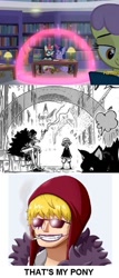 Size: 396x928 | Tagged: safe, moondancer, parasol, twilight sparkle, twilight sparkle (alicorn), alicorn, amending fences, book, bookshelf, bubble of silence, cigarette, donquixote rosinante, library, meme, one piece, smoking, that's my pony, that's my x, trafalgar d. water law