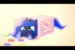 Size: 960x640 | Tagged: safe, artist:2snacks, princess luna, alicorn, pony, baby, box, candy, cute, foal, heart, sliding ponies, solo