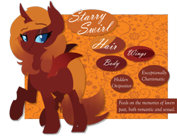 Size: 2000x1547 | Tagged: safe, artist:themodpony, oc, oc only, oc:starry swirl, changeling, blue eyes, fangs, female, hooves, lineless, mare, orange changeling, reference sheet, solo, text, wings