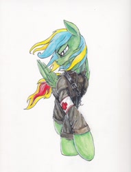 Size: 1701x2227 | Tagged: safe, artist:scribblepwn3, oc, oc only, oc:typhoon, pegasus, pony, commission, medic, melancholy, pen drawing, soldier, solo, traditional art, watercolor painting