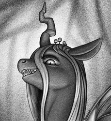 Size: 1318x1436 | Tagged: safe, artist:mercurial64, queen chrysalis, changeling, changeling queen, black and white, bust, evil grin, fangs, female, grayscale, grin, monochrome, portrait, smiling, solo