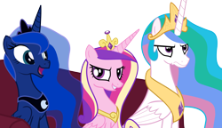 Size: 5000x2887 | Tagged: safe, artist:2snacks, artist:razorxpro, princess cadance, princess celestia, princess luna, alicorn, pony, frown, grin, grumpy, happy, looking at you, open mouth, sitting, smiling, smirk, sofa, two best sisters play, vector