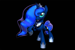 Size: 752x500 | Tagged: safe, artist:2snacks, princess luna, alicorn, pony, 3d, looking at you, open mouth, raised hoof, simple background, smiling, solo