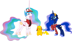 Size: 4000x2310 | Tagged: safe, artist:2snacks, artist:ragerer, princess celestia, princess luna, alicorn, pikachu, pony, clothes, crying, hat, pokémon, raised hoof, simple background, transparent background, two best friends play, two best sisters play, vector