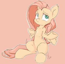 Size: 2208x2172 | Tagged: safe, artist:ando, fluttershy, pegasus, pony, female, looking up, mare, shrug, signature, simple background, sitting, solo, tan background