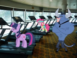 Size: 960x720 | Tagged: safe, artist:dontae98, iron will, pinkie pie, twilight sparkle, belly, chubby, irl, photo, ponies in real life, treadmill, vector, workout, workout outfit