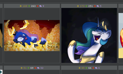 Size: 552x336 | Tagged: safe, artist:2snacks, artist:anticular, princess celestia, princess luna, alicorn, pony, banana, derpibooru, evil laugh, exploitable meme, juxtaposition, juxtaposition win, lunabuse, meme, meta, nightmare, open mouth, pure unfiltered evil, snaplestia