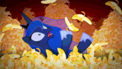 Size: 800x452 | Tagged: safe, artist:2snacks, princess luna, alicorn, pony, do princesses dream of magic sheep, animated, banana, bed, castle of the royal pony sisters, catapult nightmare, evil, exploitable meme, friendship is magic bitch, hell, luna's nightmare, meme, nightmare, open mouth, pure unfiltered evil, screaming, sweat, tongue out, two best sisters play, wide eyes