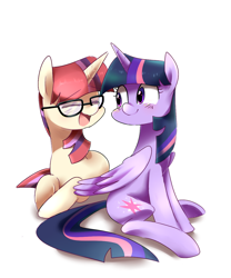 Size: 1000x1200 | Tagged: safe, artist:sion-ara, moondancer, twilight sparkle, twilight sparkle (alicorn), alicorn, pony, amending fences, cute, eyes closed, female, glasses, lesbian, mare, open mouth, shipping, sitting, smiling, twidancer