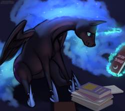 Size: 1346x1200 | Tagged: safe, artist:mercurial64, nightmare moon, alicorn, pony, book, female, glowing horn, horn, magic, mare, sitting, solo, telekinesis