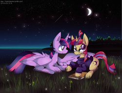 Size: 1280x982 | Tagged: safe, artist:xshanika, moondancer, twilight sparkle, twilight sparkle (alicorn), alicorn, pony, book, female, glasses, lesbian, mare, moon, night, scenery, shipping, twidancer