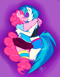 Size: 1155x1495 | Tagged: safe, artist:collaredginger, dj pon-3, pinkie pie, vinyl scratch, anthro, blushing, chubby, female, happy, hug, lesbian, shipping, vinylpie