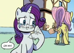 Size: 832x598 | Tagged: safe, artist:pencils, edit, idw, fluttershy, rarity, pegasus, pony, unicorn, spoiler:comic, spoiler:comic73, butt, cropped, crying, duo, duo female, fart, fart cloud, fart edit, female, mare, plot, raised tail, smelly, tail