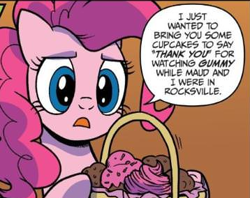 Size: 358x284 | Tagged: safe, artist:pencils, derpibooru import, idw, pinkie pie, earth pony, pony, spoiler:comic, spoiler:comic73, concerned, cupcake, food