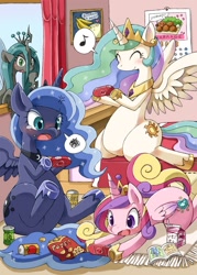 Size: 858x1200 | Tagged: safe, artist:moriguru, princess cadance, princess celestia, princess luna, queen chrysalis, alicorn, changeling, changeling queen, pony, anatomically incorrect, angry, banana, beer, blushing, book, calendar, can, chubby, cute, cutealis, cutedance, cutelestia, drink, eyes closed, female, food, gamer luna, hoof hold, incorrect leg anatomy, japanese, karaage, lunabetes, music notes, open mouth, pixiv, playing, playstation, playstation portable, pop, potato chips, pote!, prone, psp, sitting, smiling, snacks, soda, spread wings, underhoof, video game, wide eyes, window