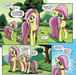 Size: 1113x1099 | Tagged: safe, artist:pencils, derpibooru import, idw, fluttershy, pegasus, pony, spoiler:comic, spoiler:comicidw2020, comic, cute, daaaaaaaaaaaw, duo, encouragement, female, filly, filly fluttershy, foal, hair over one eye, mare, official comic, pencils is trying to murder us, self ponidox, shyabetes, speech bubble, time paradox, words of wisdom, younger