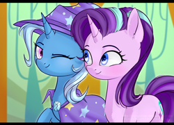 Size: 2692x1938 | Tagged: safe, artist:mp-printer, starlight glimmer, trixie, pony, unicorn, cape, clothes, cute, duo, female, friends, glimmerbetes, hat, looking at each other, mare, one eye closed, raised hoof, smiling, trixie's cape, trixie's hat, wink