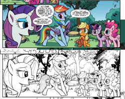 Size: 756x596 | Tagged: safe, artist:pencils, derpibooru import, idw, applejack, pinkie pie, rainbow dash, rarity, twilight sparkle, earth pony, pegasus, pony, unicorn, spoiler:comic, spoiler:comicidw2020, black and white, colored background, comic, crepuscular rays, dialogue, element of loyalty, error, female, filly, filly applejack, filly pinkie pie, filly twilight sparkle, grayscale, group, lineart, mare, monochrome, official comic, time travel, tree, work-in-progress, younger